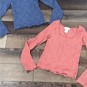 Textured Pink and Blue Long Sleeve Tops